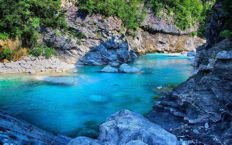 Nature Landscape River Mountain Trees Shrubs Turquoise Water Rock Chile