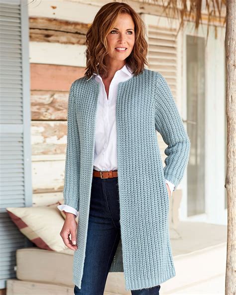 Cotton Traders Womens Longline Cable Cardigan In Green Crochet