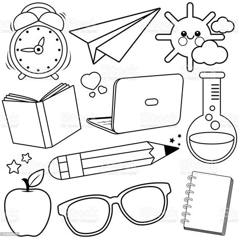 School Supplies Black And White Coloring Book Page Stock Illustration