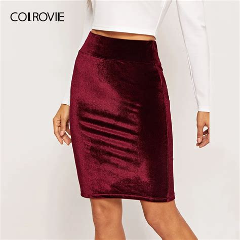 Colrovie Burgundy High Waist Bodycon Elegant Velvet Skirt 2019 Spring Fashion Pencil Office Lady