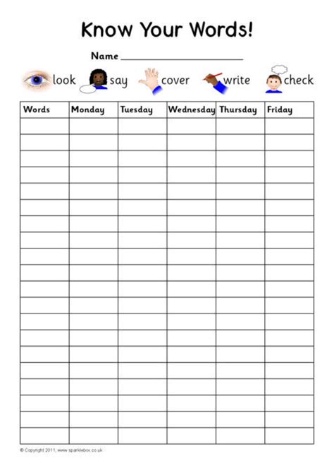 Editable Weekly Spelling Practice Charts Sb5132 Sparklebox