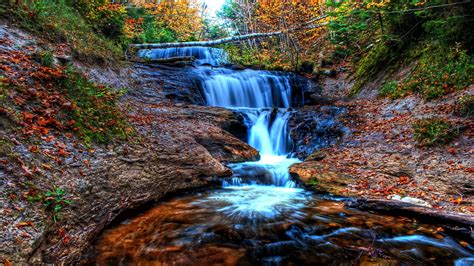 Waterfall In Autumn Forest Hd Wallpaper Background Image
