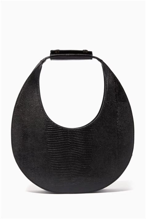 Shop Staud Black Lizard Embossed Leather Moon Bag for Women | Ounass UAE | Embossed leather ...