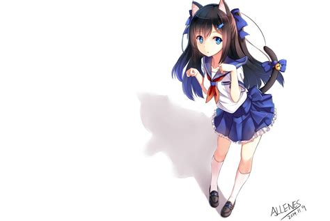 School Uniform Anime Girls Animal Ears Black Hair Blue