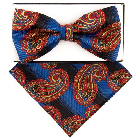 Classico Italiano Royal Blue Navy Red Paisley Silk Bow Tie Hanky