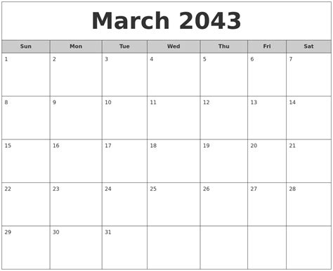 March 2043 Free Monthly Calendar
