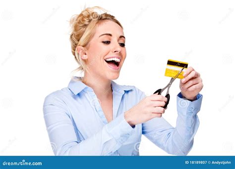 Free From Debt Woman Cutting Credit Credit Card Stock Image Image Of