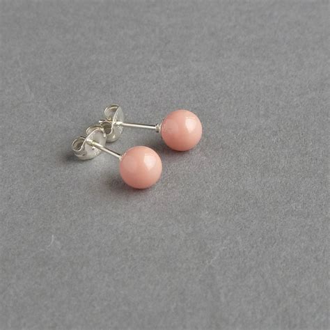 Coral Pink Swarovski Pearl Stud Earrings Small 6mm Nude Etsy UK