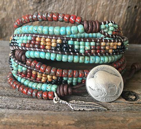 Native American Style Leather Wrap Bracelet Boho Seed Bead Wrap