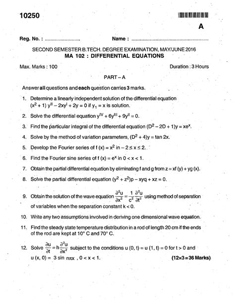 Ma 102may June 2016 Differential Equations S2 Question Paper Pt