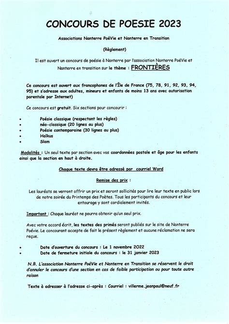 Nanterre Poévie Concours De Poésie 2023