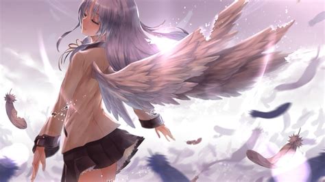 anime girl with white hair and angel wings