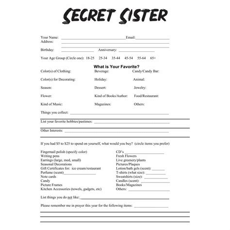 Free Printable Secret Sister Questionnaire
