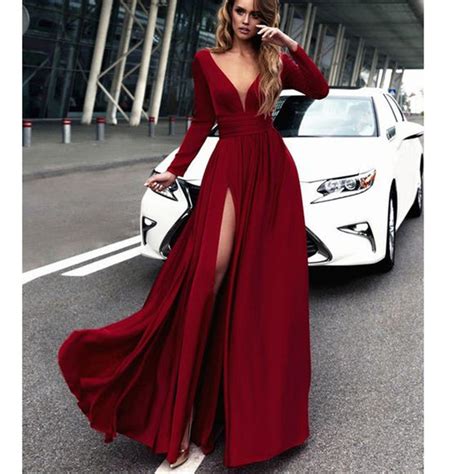 long sleeves red burgundy dress chiffon sexy deep v neck women formal