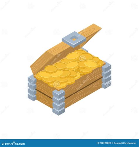 Isometric Cartoon Treasure Chest With Gold Wooden Open Box Full Of
