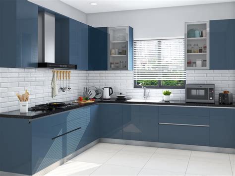 Classic Blue L Shaped Modular Kitchen Homelane