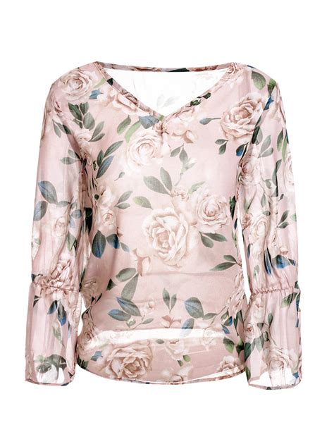 Colormix L Trendy Womens V Neck Long Sleeve Floral Print See Through