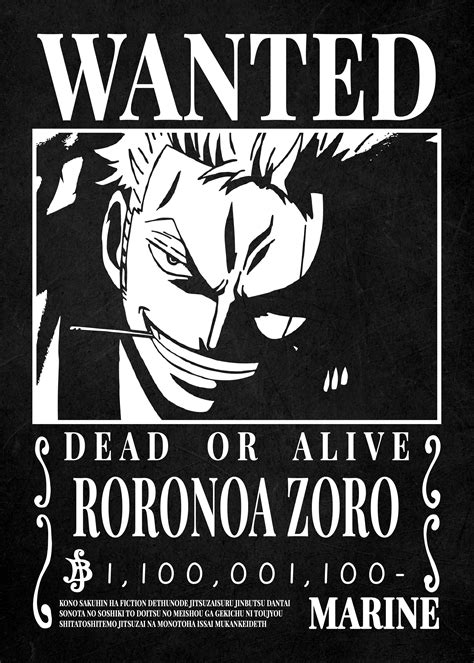 One Piece Wanted Zoro Poster By Anime Black And White Displate In