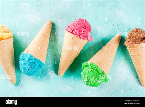 Selection Of Various Bright Multicolored Ice Cream In Ice Cream Cones