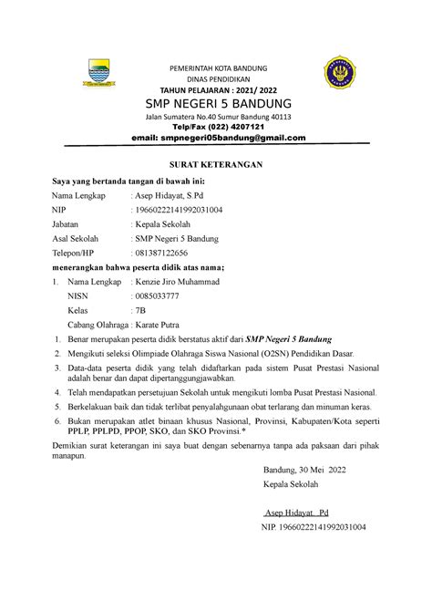 Surat Keterangan Sekolah O2sn Dikdas Pemerintah Kota Bandung Dinas