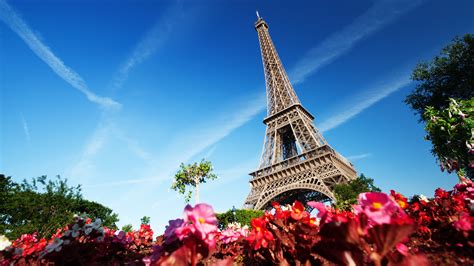 Eiffel Tower On Background Of Blue Sky In Paris France Wallpapers And