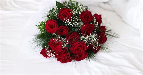 Flowers Red Roses In Bouquet With Gypsophila Rotation Closeup Stock