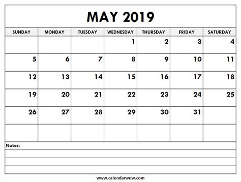 Print Fillable May 2019 Calendar With Notes Large Space Free Download