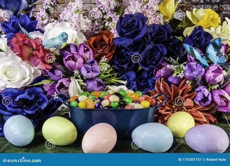 Easter Eggs Jelly Beans And Spring Flowers Stock Image Image Of