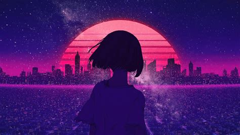 Synthwave Night Sunset City Anime Girls 3840x2160 Wallpaper