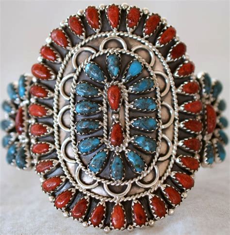 Navajo Sterling Natural Turquoise And Coral Cluster Cuff By Gerald