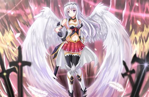 angel breasts cleavage kazenokaze purple eyes skirt thighhighs white hair wings