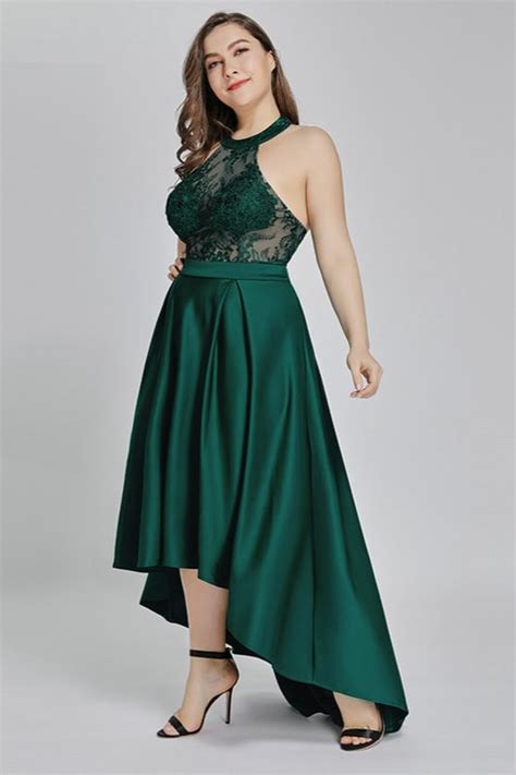 Gorgeous Green Halter Evening Gowns Lace Hi Lo Plus Size Prom Dresses