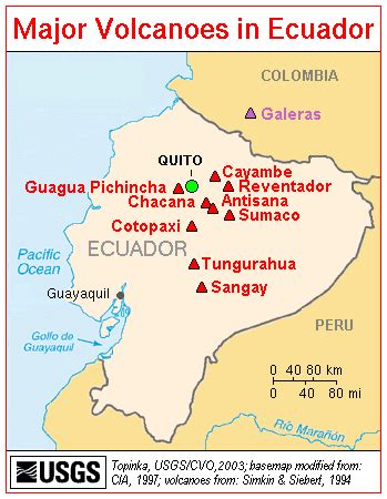 Tourveranstalter und hotels in quito, riobamba, otavalo, amazonas. Landkarte Ecuador (Karte der wichtigsten Vulkane ...