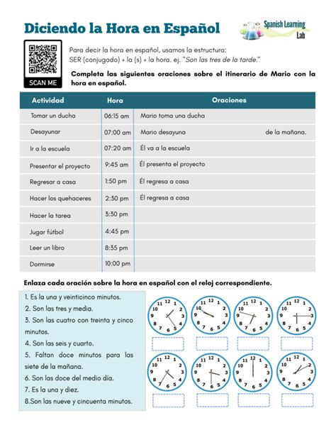 Telling Time In Spanish Pdf Worksheet Spanish Learning Lab