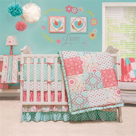 mila coralblue floral patchwork baby girl crib bedding