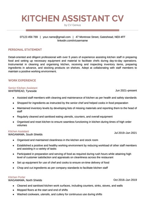 Kitchen Assistant Cv Example And Template Free Download