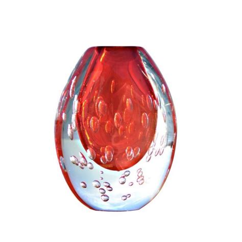 Fine Oval Red Murano Glass Vase With Bubbles Italian Luxury Creations