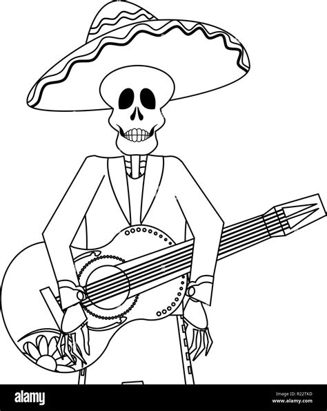 Skeleton With Hat And Guitar Day Of The Dead Vector Illustration Stock