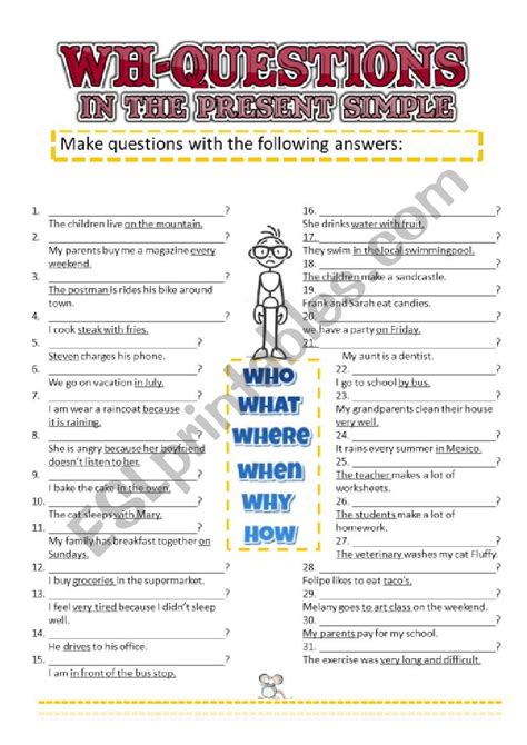 Exercises Wh Questions Simple Present Esl Worksheet B Vrogue Co