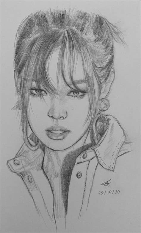 A Pencil Drawing Of A Womans Face With Bangs And Hair In The Wind