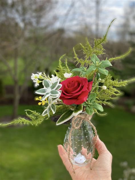Red Rose Arrangement In Small Glass Vase Silk Flower Etsy