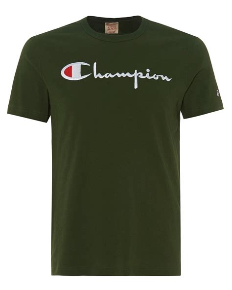 Champion Mens Large Script T Shirt Bottle Green Crew Neck Tee
