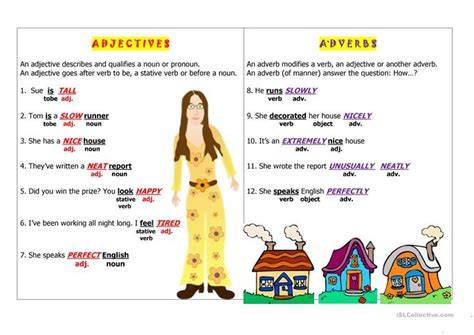 It tells when, where, and how an action is performed or indicates the quality or many words can be both adverbs and adjectives according to their activity in the sentence. ADJECTIVES VS ADVERBS worksheet - Free ESL printable ...