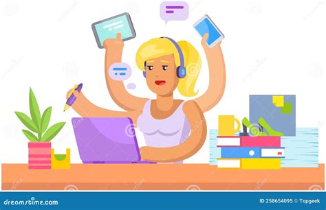 Busy Woman Doing Simultaneously Many Tasks Stressed Lady Doing