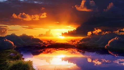 1080p Free Download Sky Lake Horizon Sun Grass Sunset Sky