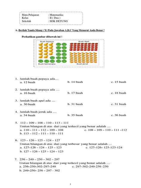 Soal Matematika Kelas 1 Semester 2 Dan Kunci Jawaban