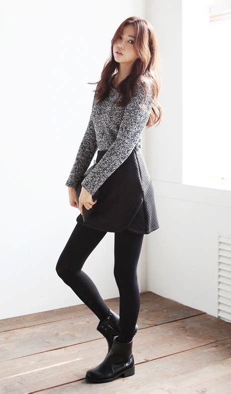 cute grey and black outfit with the grey sweater and black skirt tights and shoes