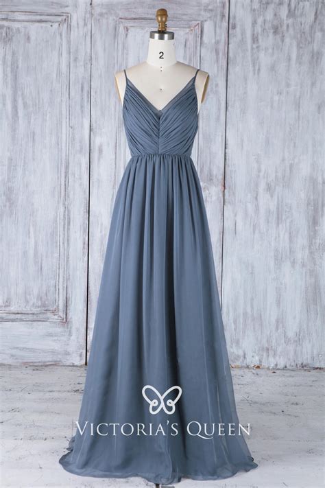 Our bridesmaid gowns are available in a range of soft lace, silky jersey and sheen fabrics and offer an understated elegance that you will love forever. Pleated Steel Blue Chiffon Deep V Neck Bridesmaid Dress - VQ
