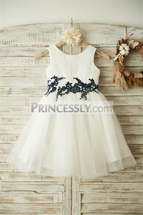 Ivory Satin Tulle Navy Blue Lace Appliques Wedding Flower Girl Dress