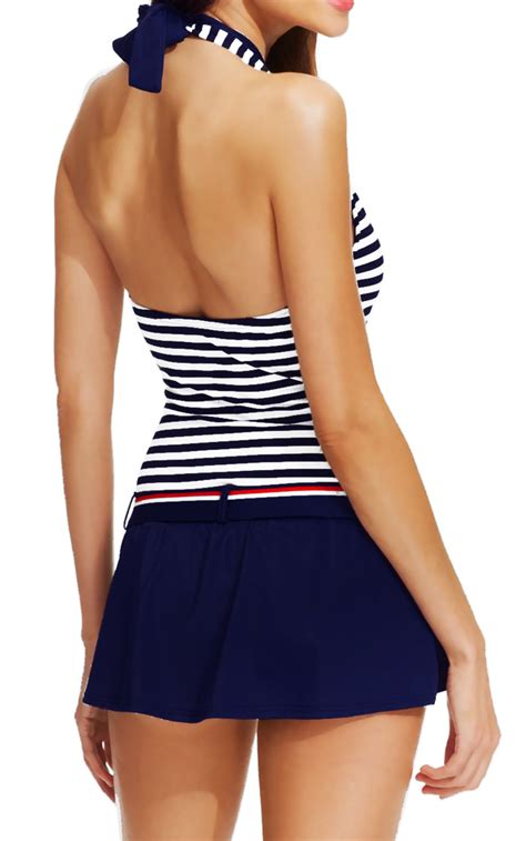 Tommy Hilfiger Nautical Striped Belted Skirted Swimdress One Piece